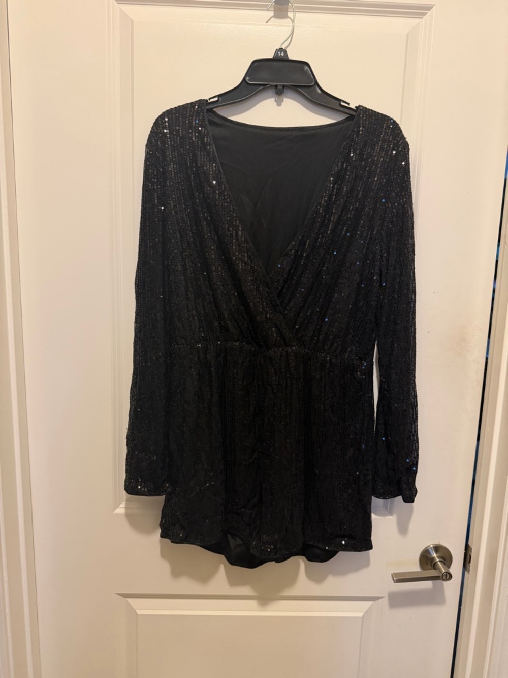 Black Sequin Long Sleeve Surplice Romper